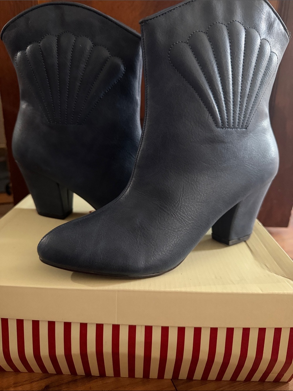 Navy Leather Ankle Booties with Scallop Stitch Accent